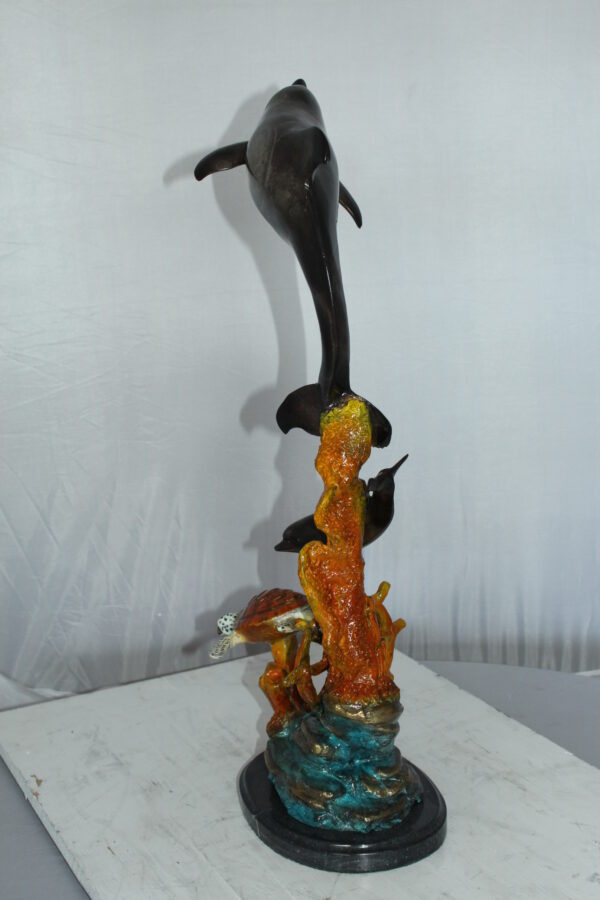 Two Dolphins with Turtle bronze statue -  Size: 14"L x 8"W x 28"H.