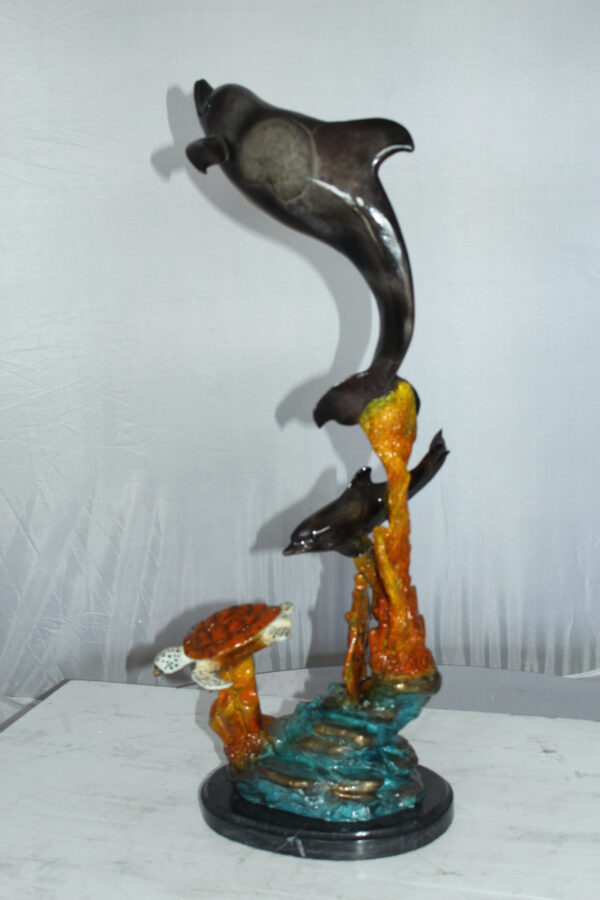 Two Dolphins with Turtle bronze statue -  Size: 14"L x 8"W x 28"H.