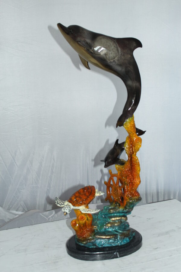 Two Dolphins with Turtle bronze statue -  Size: 14"L x 8"W x 28"H.