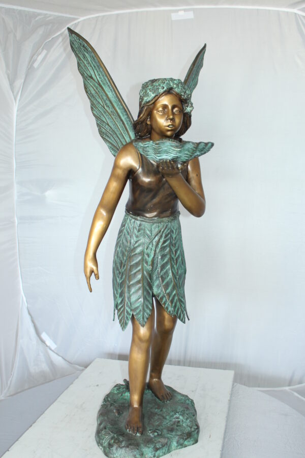 Angel holding a shell Bronze Statue - Fountain -  Size: 18"L x 12"W x 43"H.