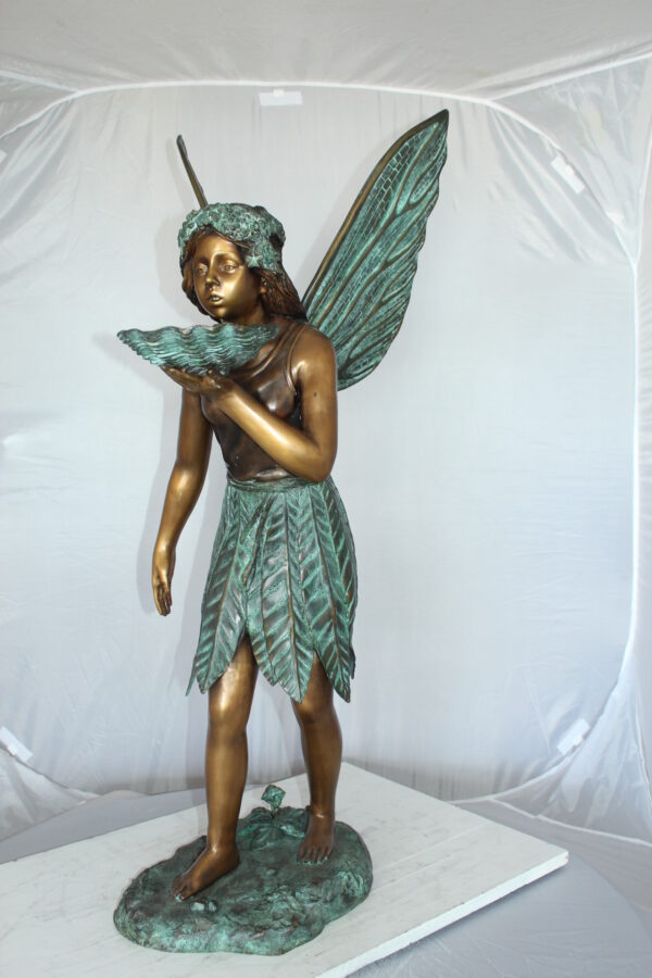 Angel holding a shell Bronze Statue - Fountain -  Size: 18"L x 12"W x 43"H.