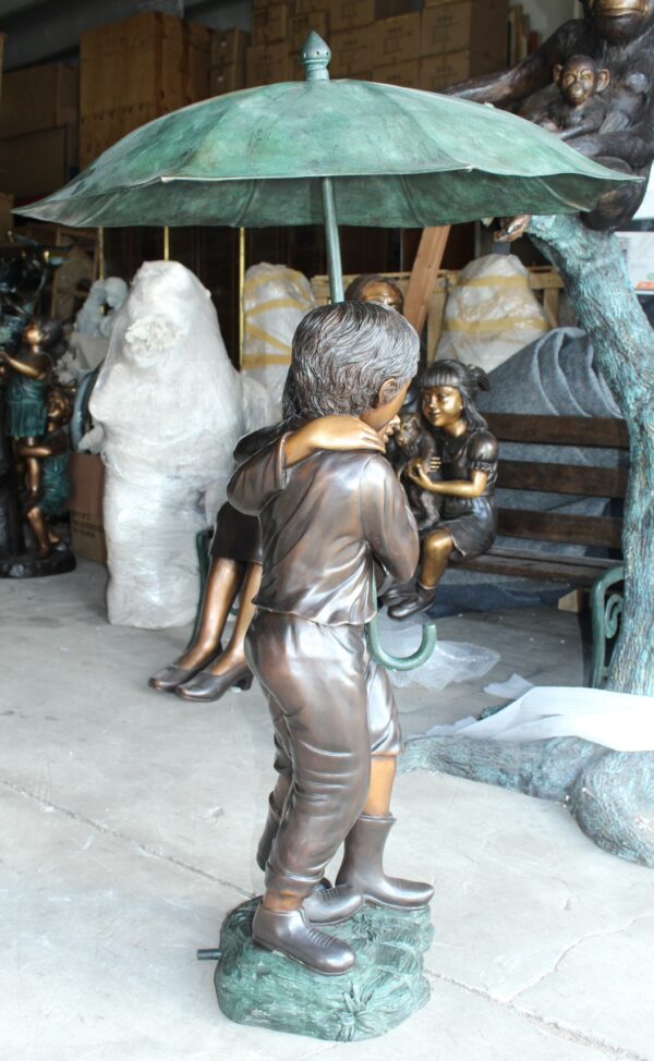 Two Kids Holding an Umbrella - Bronze Statue - Fountain -  90"L x 34"W x 90"H.