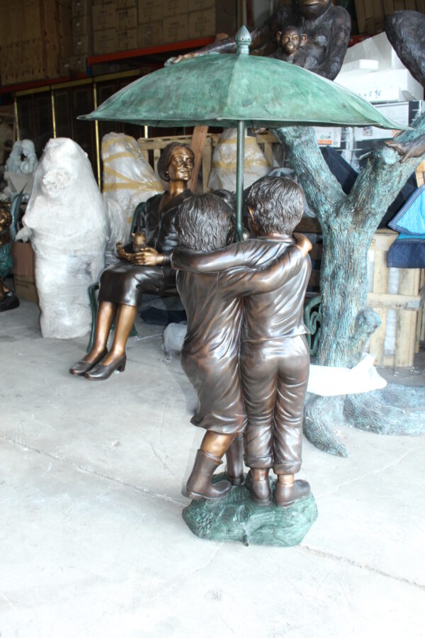 Two Kids Holding an Umbrella - Bronze Statue - Fountain -  90"L x 34"W x 90"H.