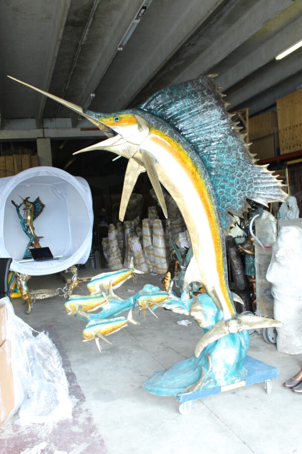 Sailfish - large with 4 Mahi Mahi Bronze Statue - fountain -  90"L x 34"W x 90"H