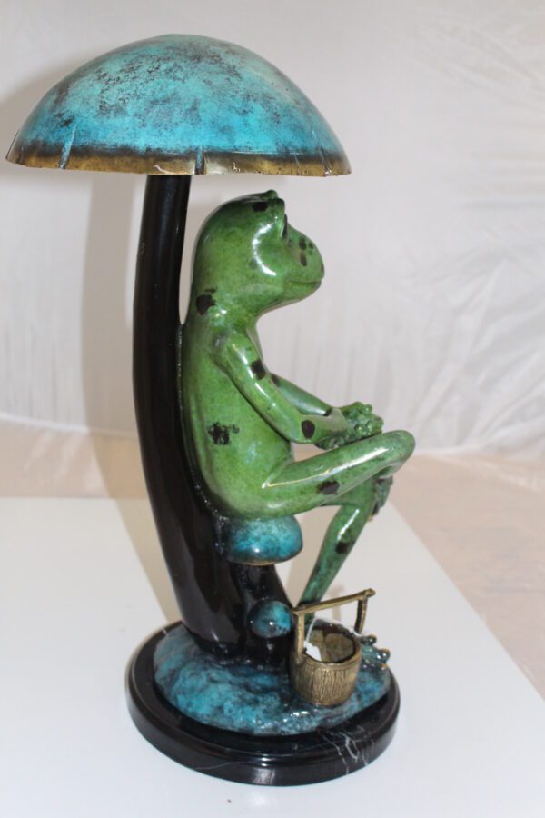 Frog with Umbrella Bronze Statue -  Size: 11"L x 10"W x 22"H.