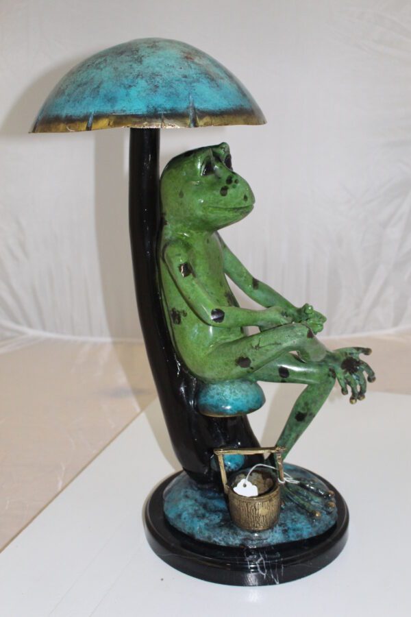 Frog with Umbrella Bronze Statue -  Size: 11"L x 10"W x 22"H.