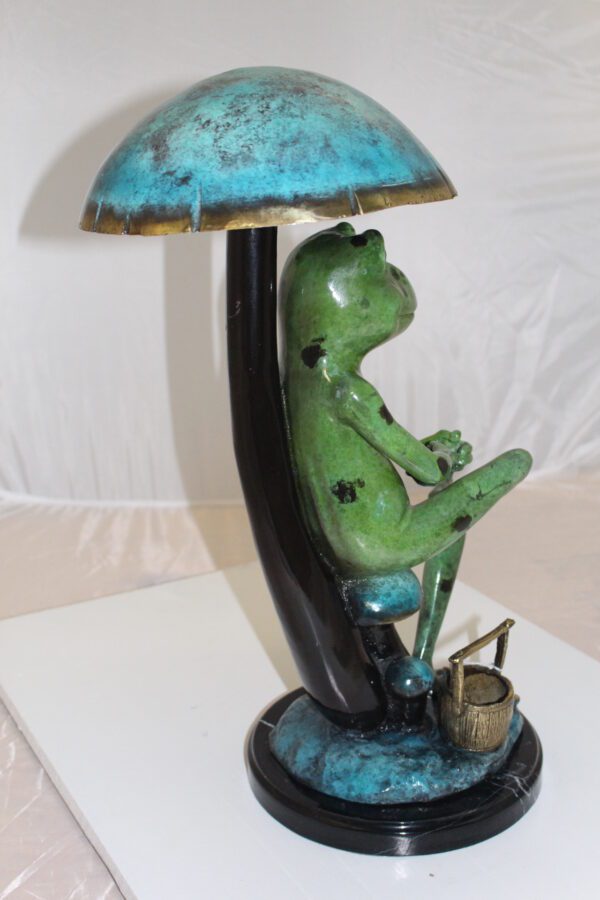 Frog with Umbrella Bronze Statue -  Size: 11"L x 10"W x 22"H.