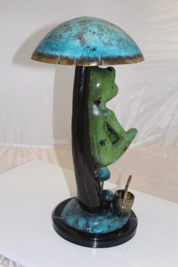 Frog with Umbrella Bronze Statue -  Size: 11"L x 10"W x 22"H.