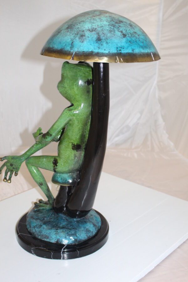 Frog with Umbrella Bronze Statue -  Size: 11"L x 10"W x 22"H.