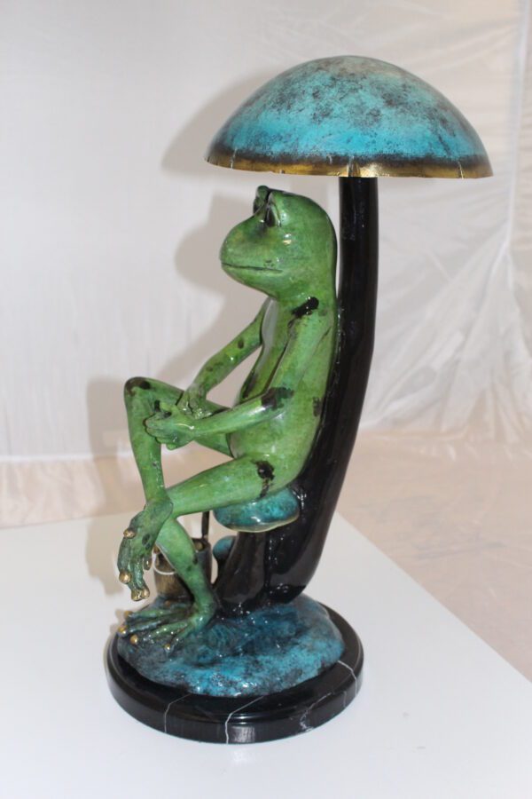 Frog with Umbrella Bronze Statue -  Size: 11"L x 10"W x 22"H.