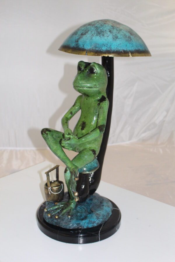 Frog with Umbrella Bronze Statue -  Size: 11"L x 10"W x 22"H.