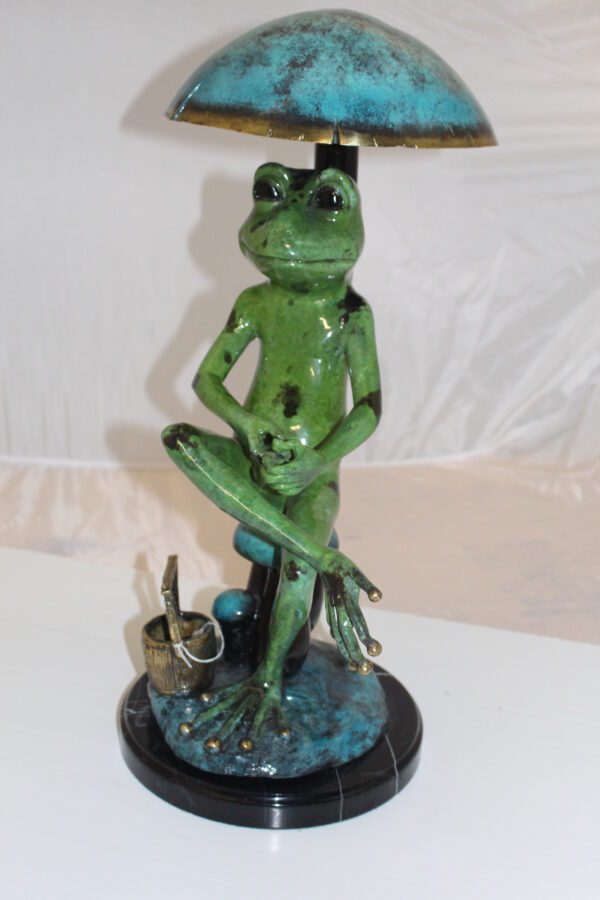 Frog with Umbrella Bronze Statue -  Size: 11"L x 10"W x 22"H.