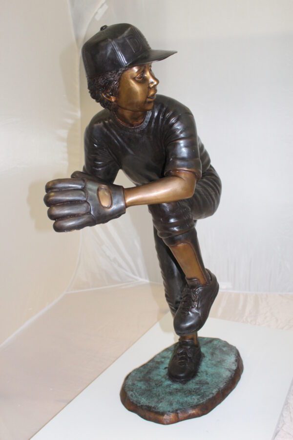 Boy plays baseball Bronze Statue -  Size: 22"L x 12"W x 36"H.