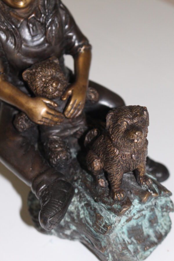 Two kids with dog on log Bronze Statue -  Size: 12"L x 5"W x 8.5"H.