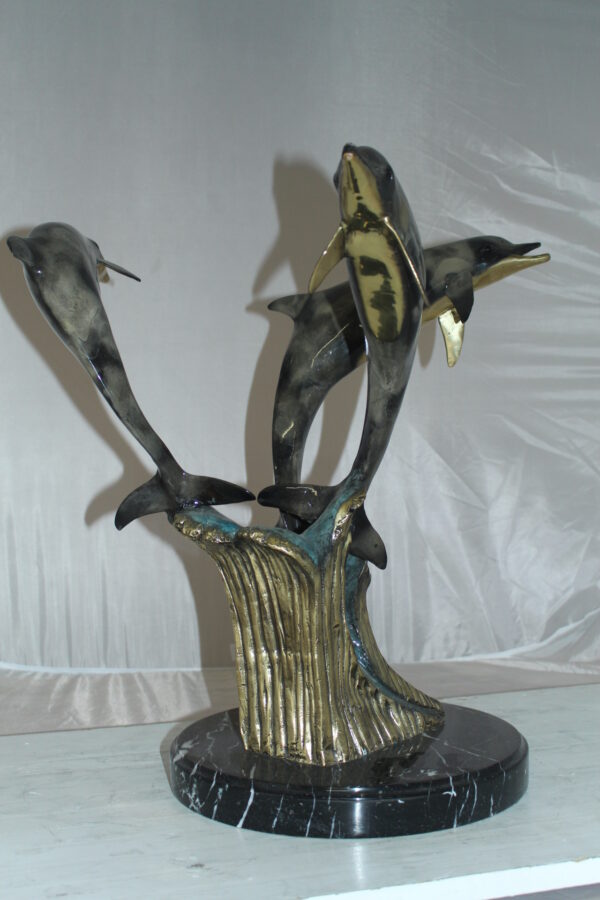 Three Dolphins Table Base Bronze Statue -  Size: 20"L x 20"W x 21"H.