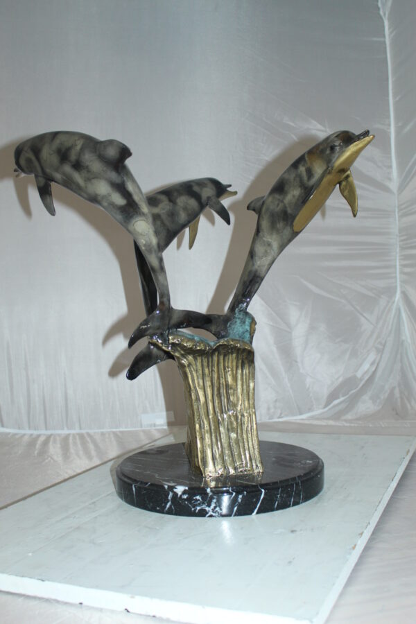 Three Dolphins Table Base Bronze Statue -  Size: 20"L x 20"W x 21"H.