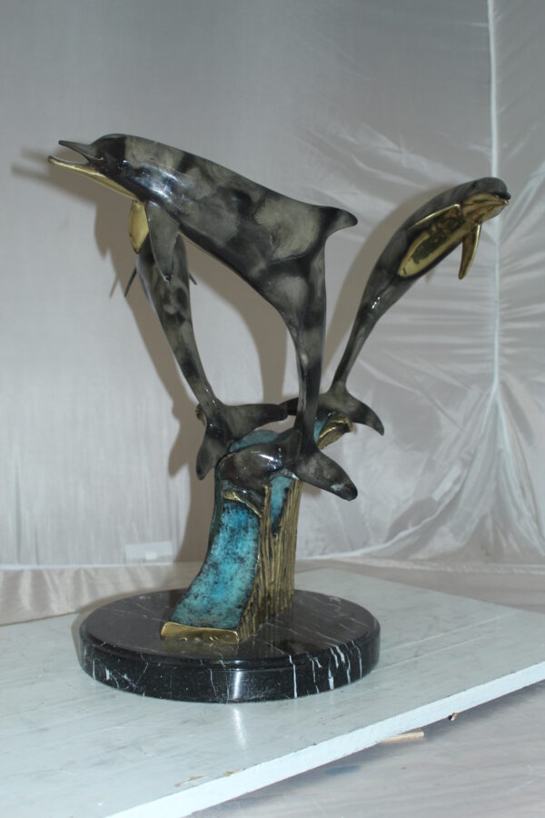 Three Dolphins Table Base Bronze Statue -  Size: 20"L x 20"W x 21"H.