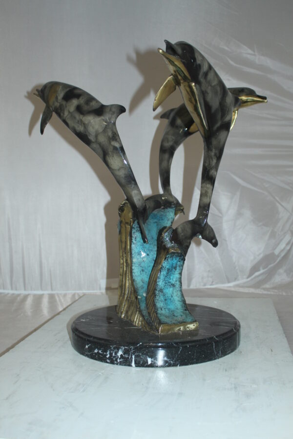 Three Dolphins Table Base Bronze Statue -  Size: 20"L x 20"W x 21"H.