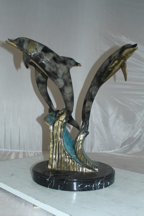 Three Dolphins Table Base Bronze Statue -  Size: 20"L x 20"W x 21"H.