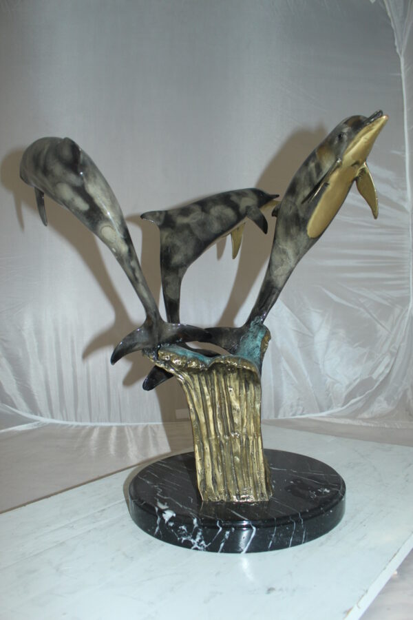 Three Dolphins Table Base Bronze Statue -  Size: 20"L x 20"W x 21"H.