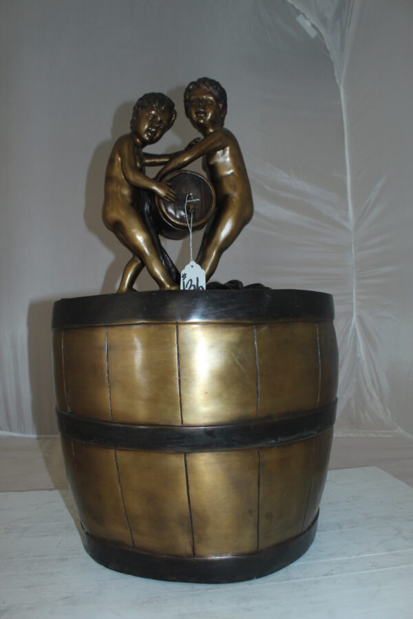 Two boys on a bucket self-contained fountain bronze statue -  16" x 16" x 29"H.