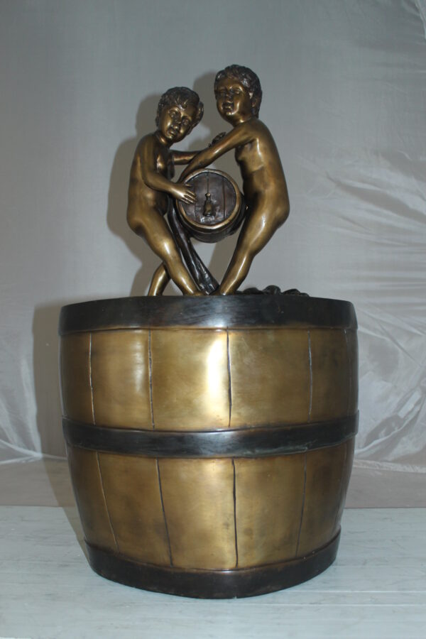 Two boys on a bucket self-contained fountain bronze statue -  16" x 16" x 29"H.