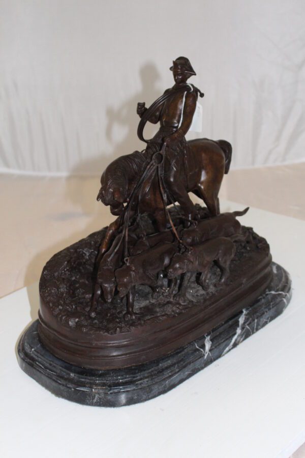 Hunting man on horse Bronze Statue -  Size: 16"L x 8"W x 14"H.