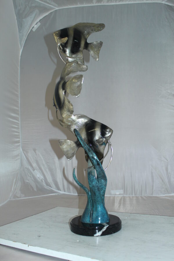 Three Zebra Angelfish Bronze Statue -  Size: 10"L x 10"W x 33"H.