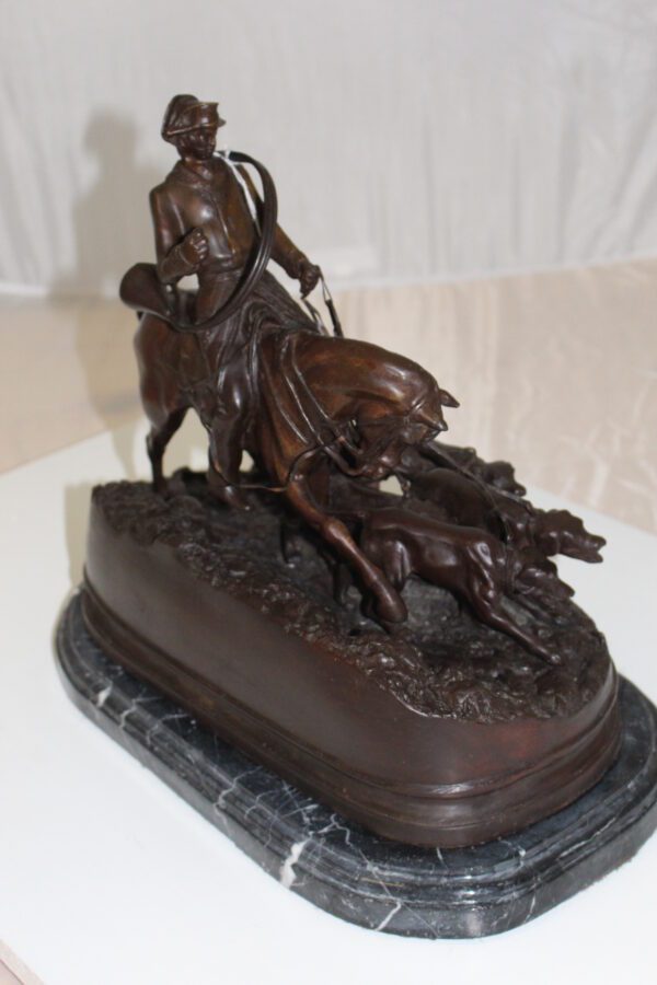 Hunting man on horse Bronze Statue -  Size: 16"L x 8"W x 14"H.