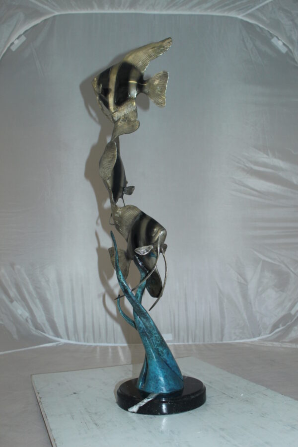 Three Zebra Angelfish Bronze Statue -  Size: 10"L x 10"W x 33"H.