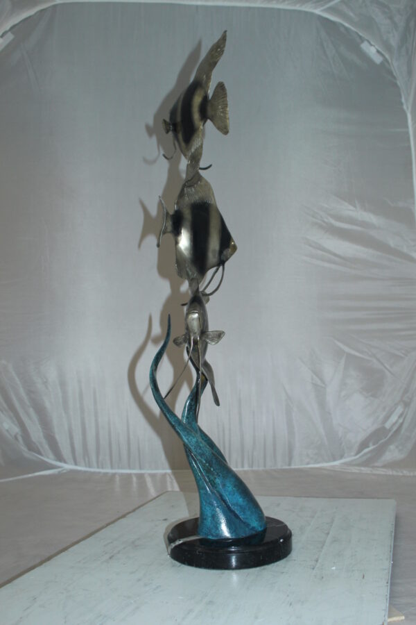 Three Zebra Angelfish Bronze Statue -  Size: 10"L x 10"W x 33"H.