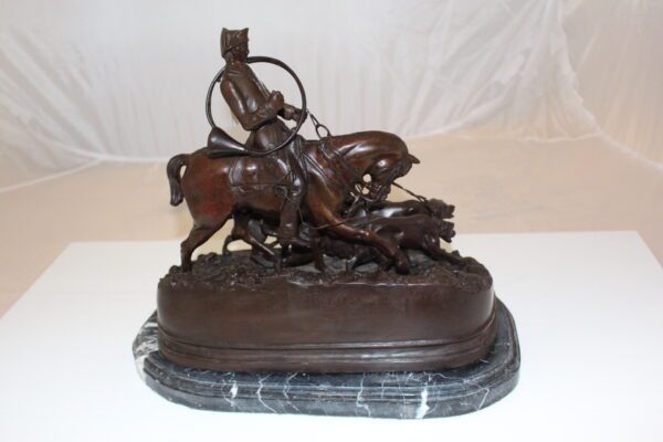 Hunting man on horse Bronze Statue -  Size: 16"L x 8"W x 14"H.