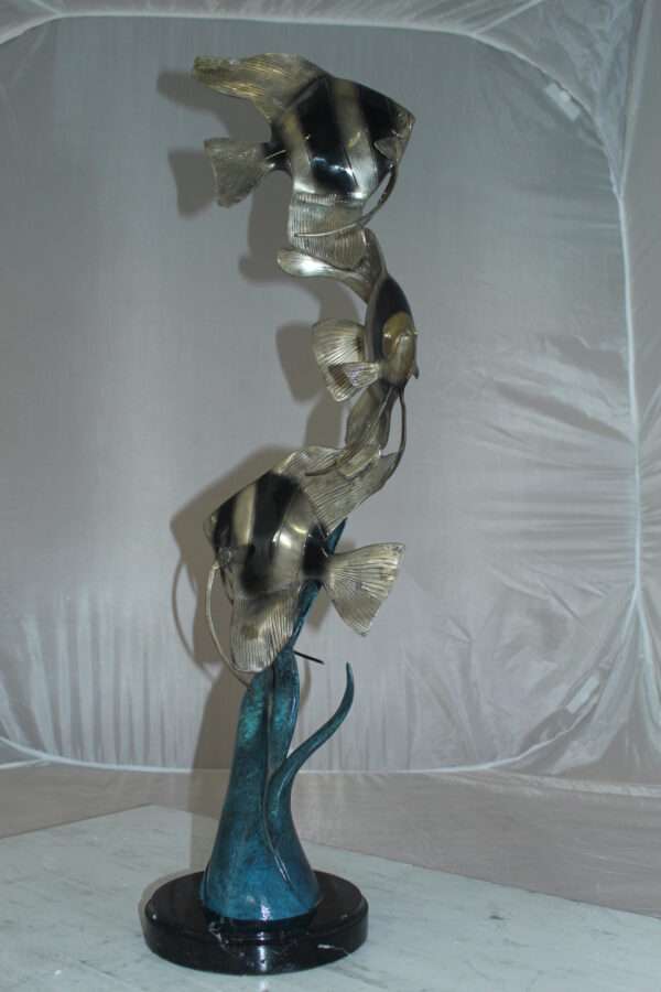 Three Zebra Angelfish Bronze Statue -  Size: 10"L x 10"W x 33"H.