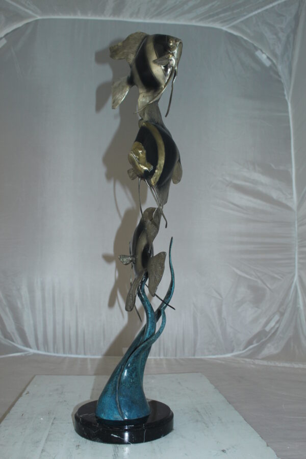 Three Zebra Angelfish Bronze Statue -  Size: 10"L x 10"W x 33"H.