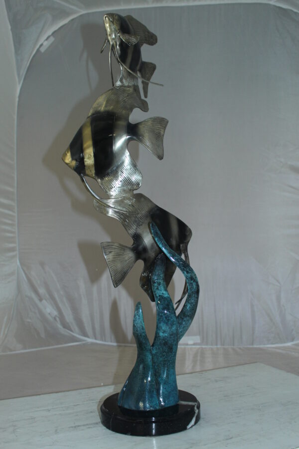 Three Zebra Angelfish Bronze Statue -  Size: 10"L x 10"W x 33"H.