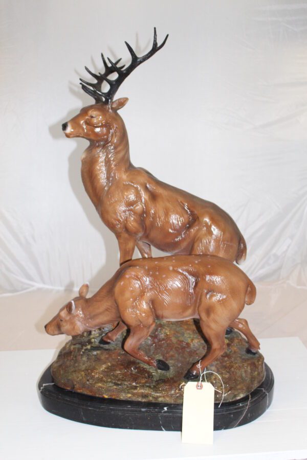 Two Deers Bronze Statue -  Size: 21"L x 13"W x 32"H.