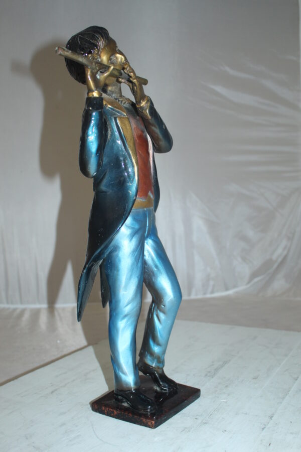 Boy Playing the Flute Bronze Statue -  Size: 5"L x 10"W x 19"H.