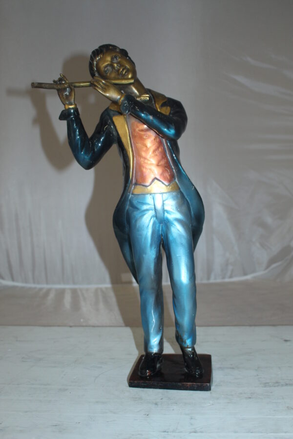 Boy Playing the Flute Bronze Statue -  Size: 5"L x 10"W x 19"H.