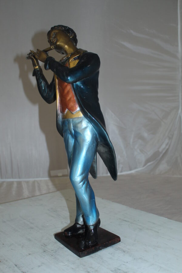 Boy Playing the Flute Bronze Statue -  Size: 5"L x 10"W x 19"H.