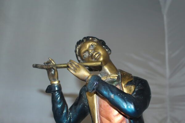 Boy Playing the Flute Bronze Statue -  Size: 5"L x 10"W x 19"H.