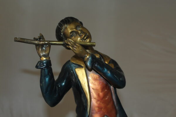 Boy Playing the Flute Bronze Statue -  Size: 5"L x 10"W x 19"H.