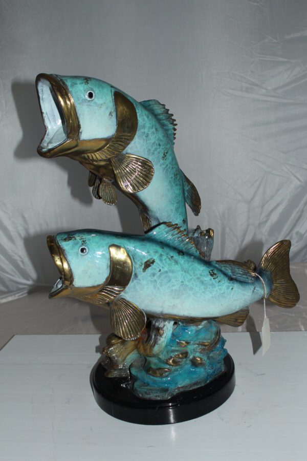 Two largemouth bass fish Bronze Statue -  Size: 17"L x 10"W x 24"H.