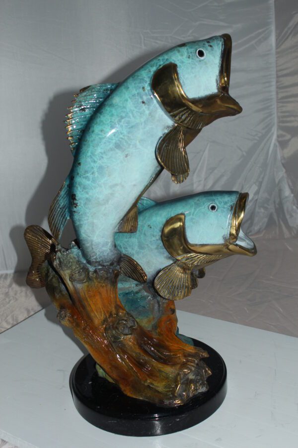 Two largemouth bass fish Bronze Statue -  Size: 17"L x 10"W x 24"H.