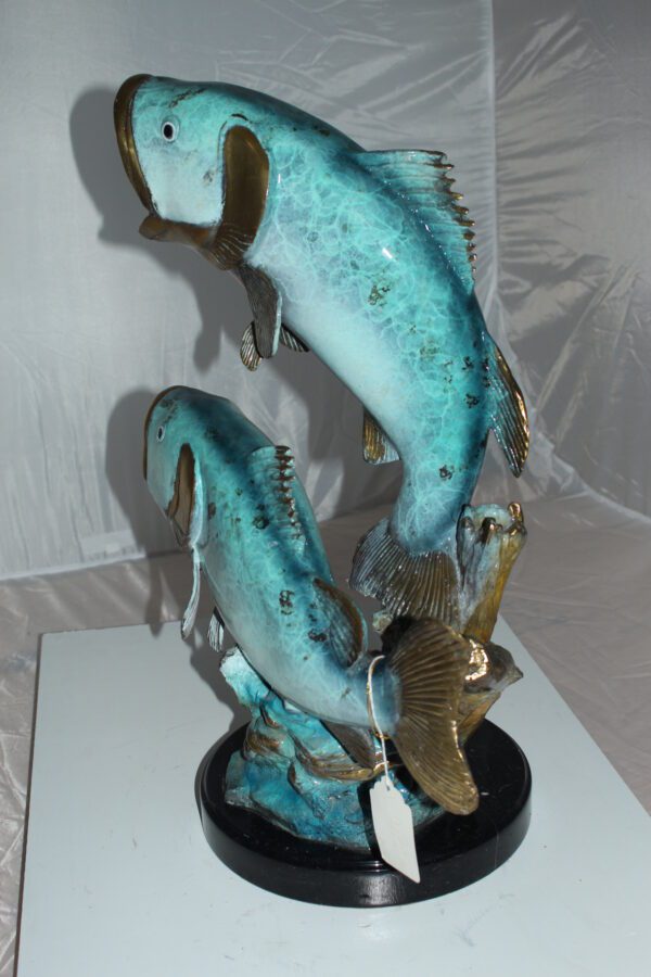 Two largemouth bass fish Bronze Statue -  Size: 17"L x 10"W x 24"H.