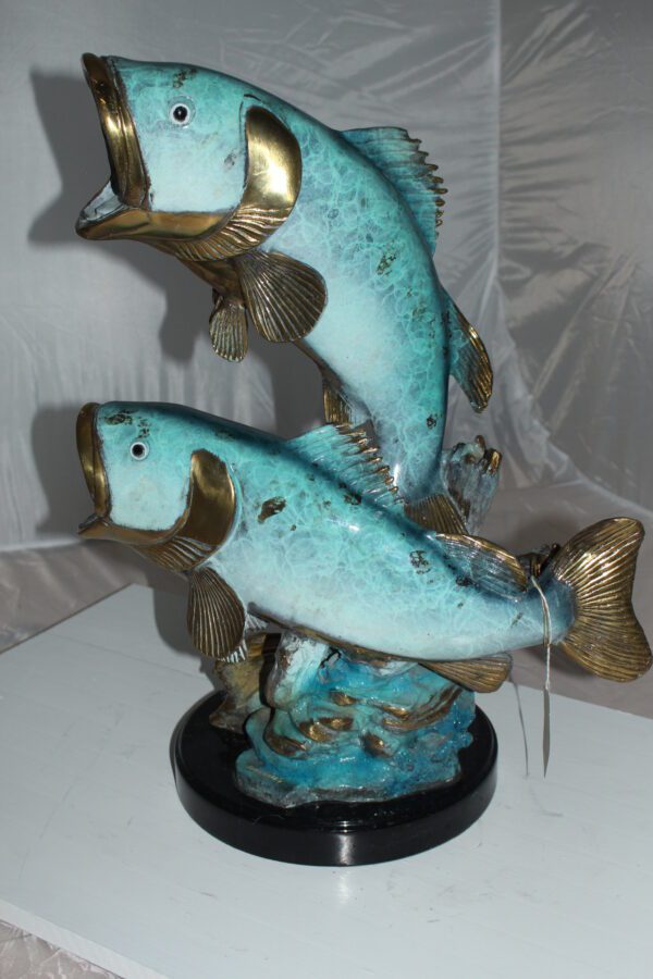 Two largemouth bass fish Bronze Statue -  Size: 17"L x 10"W x 24"H.