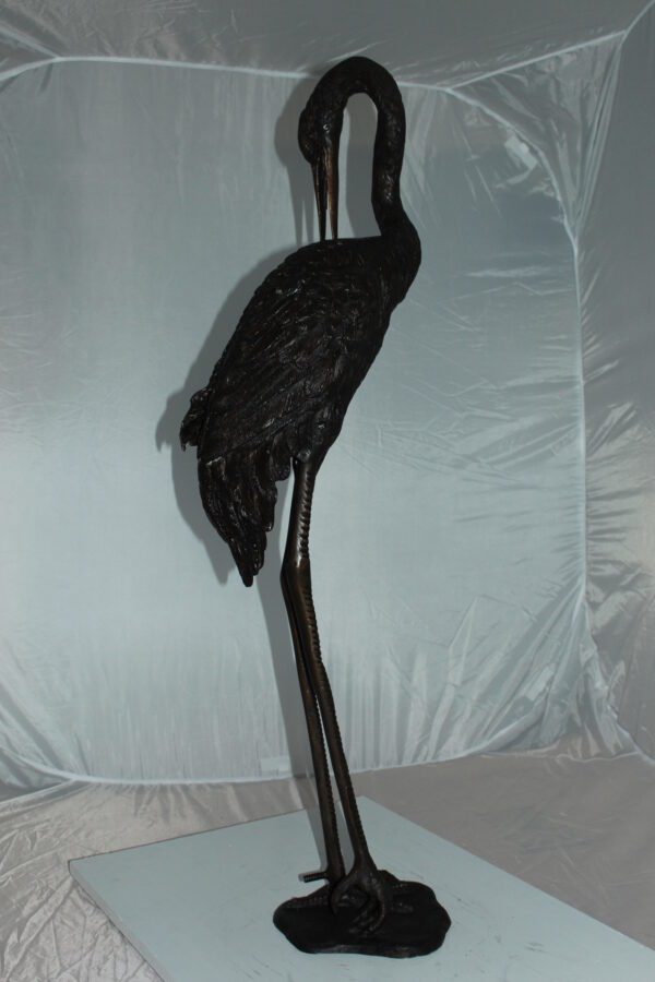 Crane head down fountain Bronze Statue -  Size: 10"L x 9"W x 44"H.