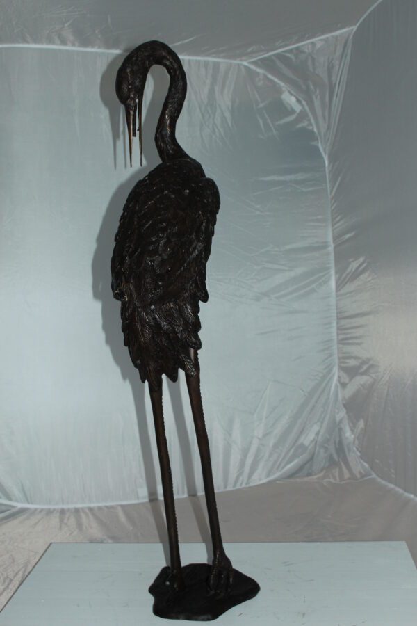 Crane head down fountain Bronze Statue -  Size: 10"L x 9"W x 44"H.