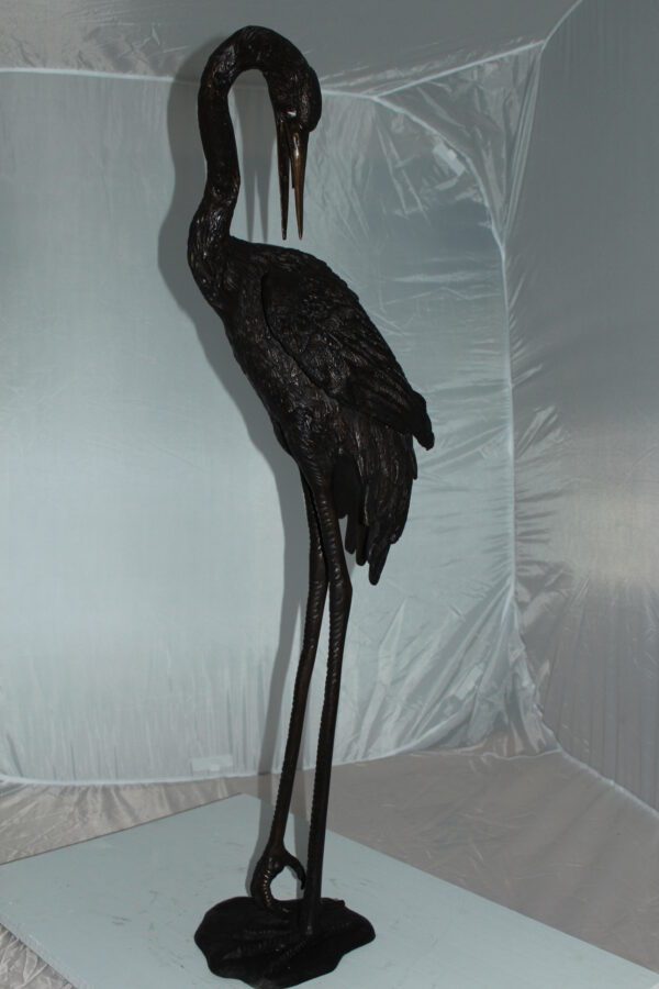 Crane head down fountain Bronze Statue -  Size: 10"L x 9"W x 44"H.