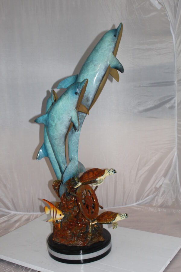 Three Dolphins W turtles and fish Bronze Statue -  Size: 16"L x 16"W x 40"H.