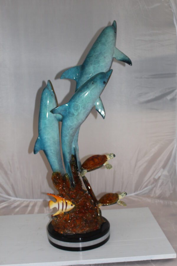 Three Dolphins W turtles and fish Bronze Statue -  Size: 16"L x 16"W x 40"H.